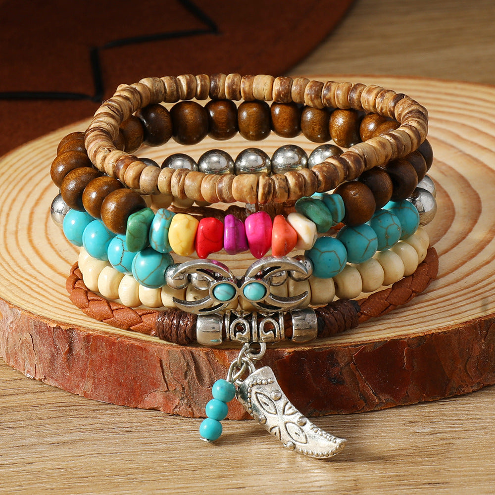 Wholesale Western Turquoise Cattle Head Hat Multi-layer Storestring Bracelet Multi-piece Beaded Bracelet